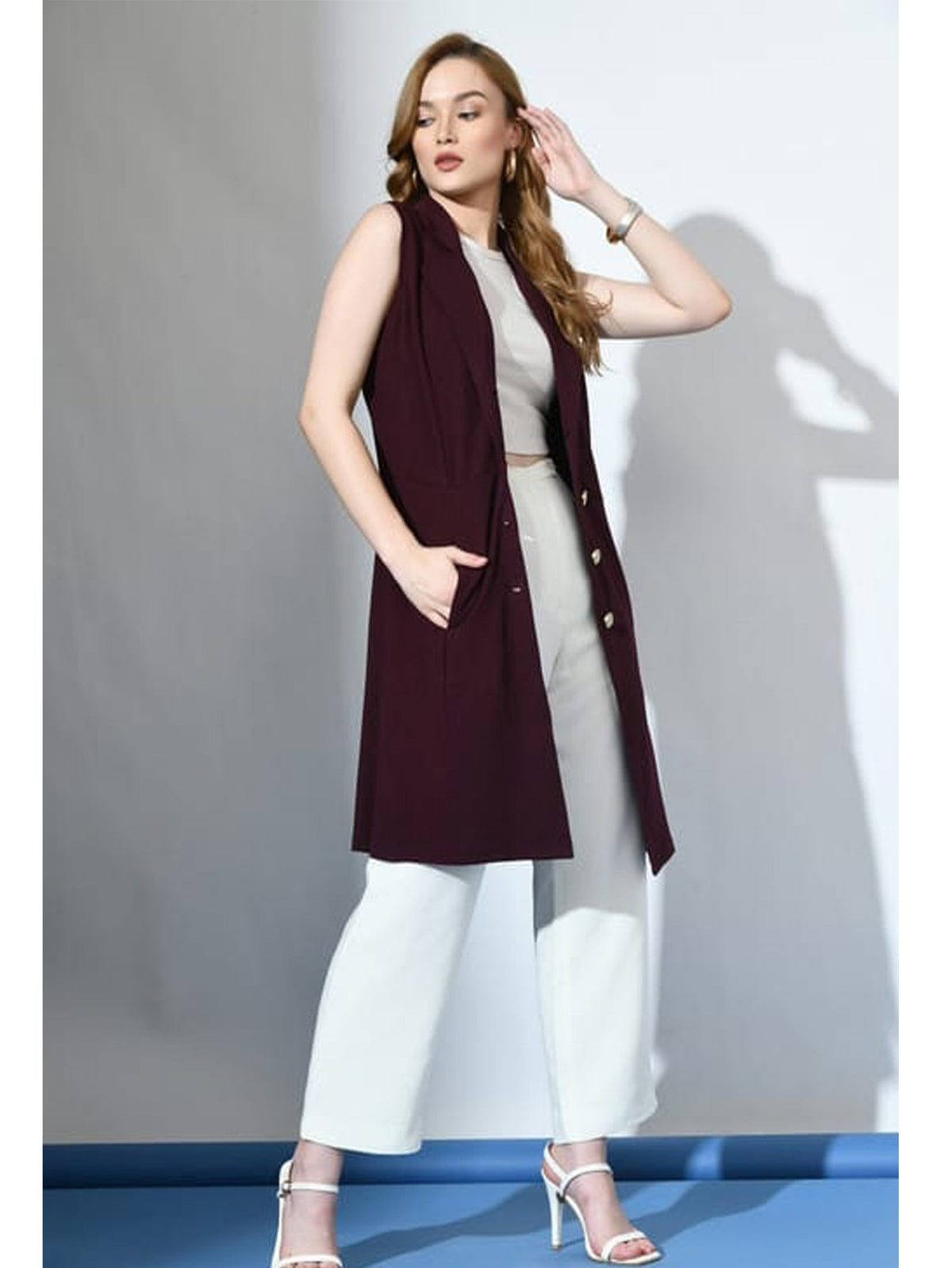 Ladies Maroon Sleeveless Trench coat